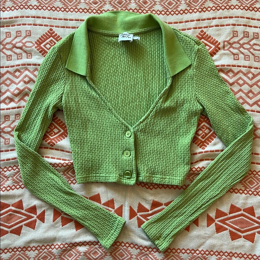 Princess Polly Light Green Textured cropped long sleeve top